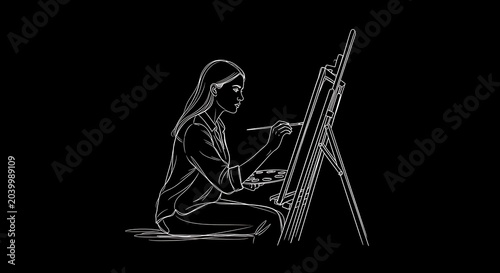 Woman artist painting at easel, elegant line art illustration
