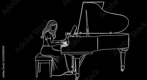 Woman playing grand piano in minimalist line art illustration