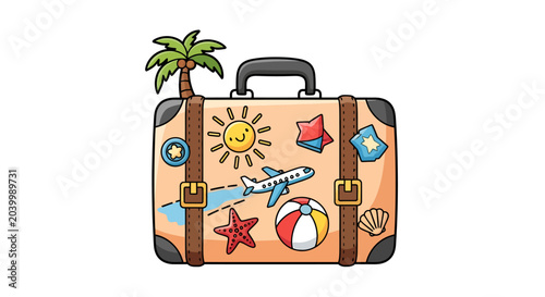 Foto Vintage travel suitcase with summer icons.
