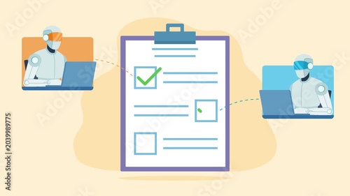 A checklist with green checkers. AI robots are located next to the checkers, working on a laptop. AI assistants help achieve goals. Animation in flat design style.
