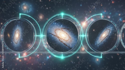 Digital Hud Interface Displaying Rotating Spiral Galaxies in Space