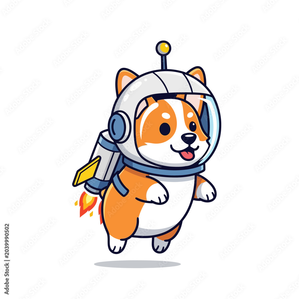 Naklejka premium Cartoon Corgi Astronaut with Rocket, Space Explorer Isolated