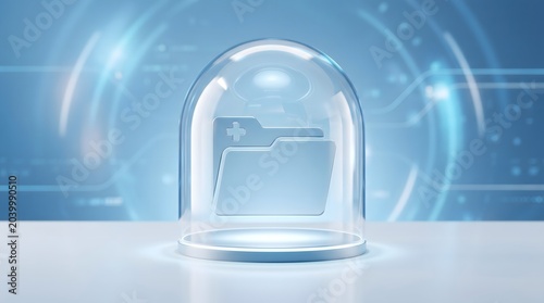 Medical Folder Protected Under Glass Dome, Healthcare Data Privacy and Patient Record Security Concept