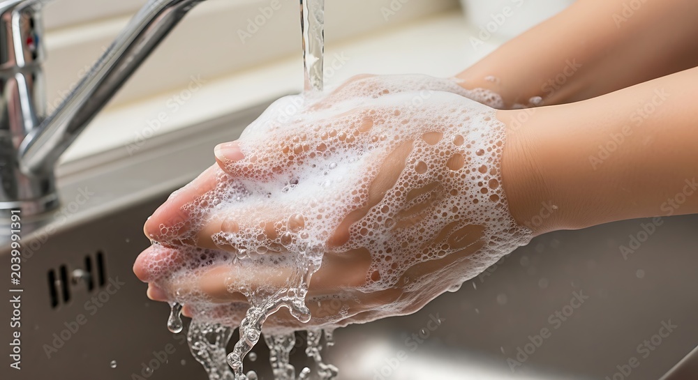 Fototapeta premium Hands Washing Under Running Water with Soap Bubbles in Bathroom Sink