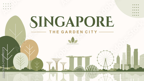Singapore Garden City Skyline Banner Template with Famous Landmarks, Elegant Green Urban Landscape Illustration and Modern Travel Tourism Typography.