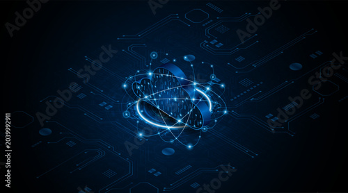 The concept of cloud computing and future data center technology. Digital storage servers on blue circuit boards. High-speed server connectivity for big data processing.