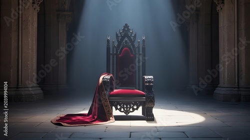 Dramatic throne room, red velvet cloak, empty medieval chair, dark mysterious interior