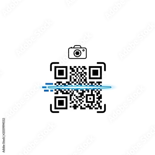 Abstract digital QR code pattern with camera icon.