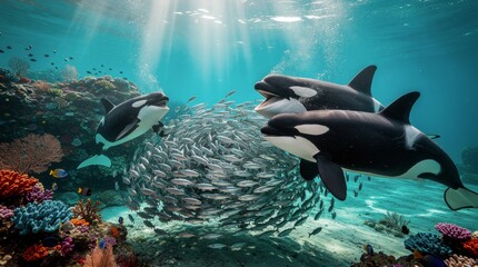 Orcas Hunting a School of Fish in the Deep Ocean