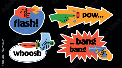 Stickers with illustrations and captions in cartoon comic style. Hands holding weapons, pulling the trigger of a pistol, holding a sword, lighting a fire, pressing a button with an electric charge. 