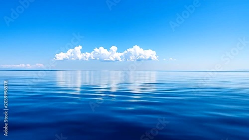 Serene Ocean Horizon with Fluffy Clouds Reflected on Calm Water.