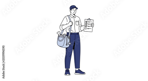 Foto Delivery Man with Bag and Checklist, Professional Service, White Background