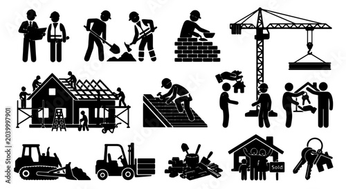 Photography Construction Worker Icons, Building Process Vector Set, Real Estate Development