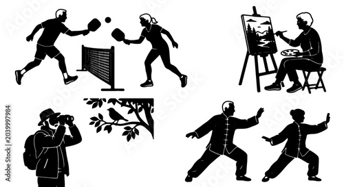 Foto Diverse Hobby Icons Set: Table Tennis, Painting, Birdwatching, Tai Chi, Outdoor