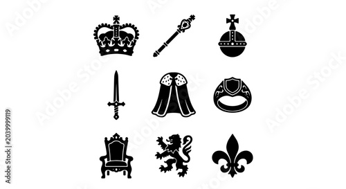 Schilderij op canvas Royal Regalia Icons Set, Crown Scepter Orb Sword Cloak Ring Throne Lion Fleur-de