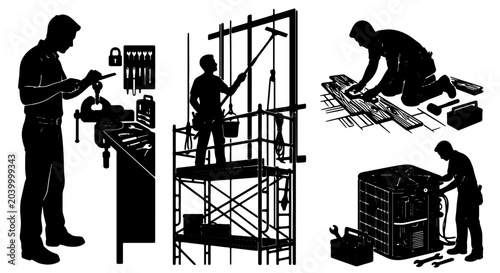 Konstfotografi Construction Worker Silhouettes, Building Industry Professionals, Manual Laborer