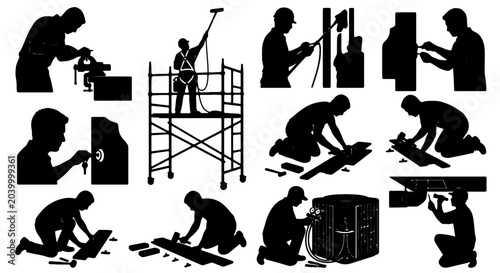 Foto Construction and Repair Silhouettes: 12 Vector Icons for Building, DIY, and Manu