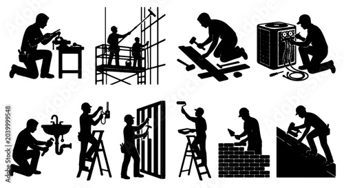 Tableau sur toile Construction Worker Silhouettes: 8 Icons of Tradespeople Building, Plumbing, and