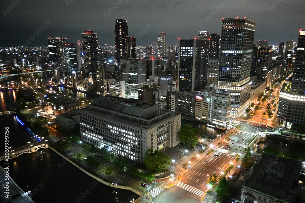 Obraz premium 大阪市北区中之島と御堂筋の夜景