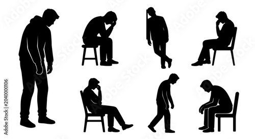 Bild auf Leinwand Collection of Silhouette Figures Depicting Sadness, Despair, and Mental Health S