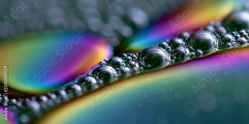 A stunning macro shot of water droplets showcasing a rich play of colors thanks to iridescence, revealing nature's beauty and the intricate details of water's surface.