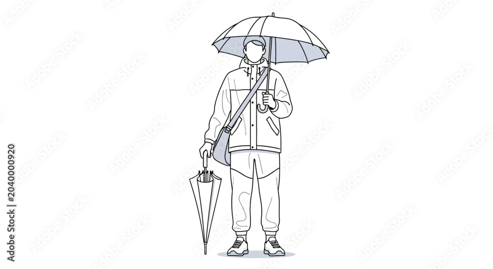 Fototapeta premium Man Holding Umbrella - Line Art Illustration