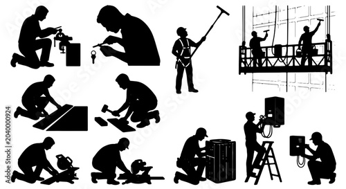 Foto Construction Worker Silhouettes: Building, Repair, and Maintenance Vector Icons