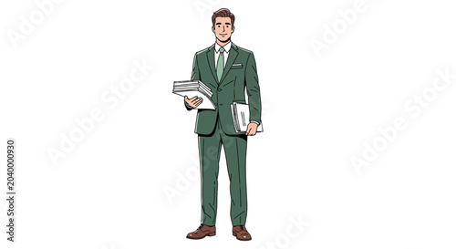 Businessman in Green Suit Holding Documents, Isolated on White Background