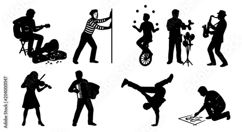 Tableau sur toile Street Performers Silhouettes, Diverse Performers Collection: Musician, Juggler,
