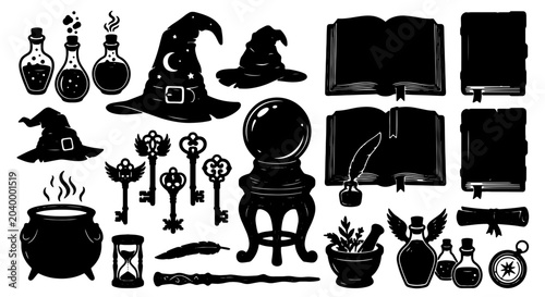 Foto Mystical Witchcraft Elements, Magical Potions, Spell Books, Crystal Ball, Cauldr