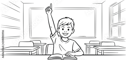 Konstfotografi Vector illustration, schoolboy raising hand, classroom scene, educational settin