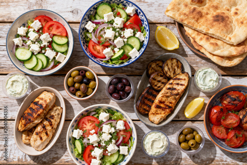 Mediterranean grilled chicken with Greek salad, olives, tzatziki, grilled vegetables, and flatbread