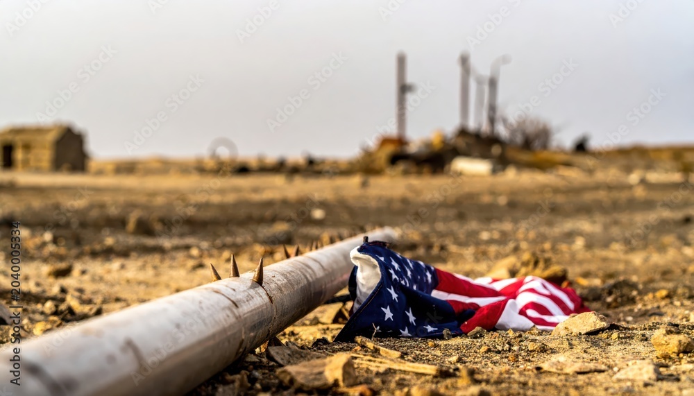 Fototapeta premium A bullet-pierced American flag pole lying on barren ground with debris in the background, symbolizing a defeated cause.