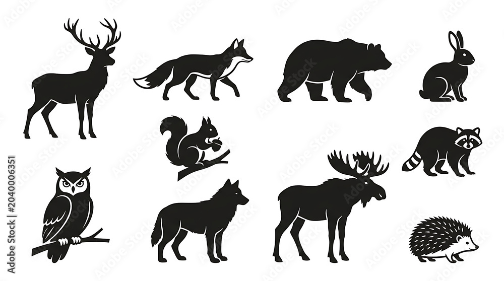 Fototapeta premium Forest animal silhouette icon collection with elegant woodland wildlife illustrations isolated on white background for outdoor and nature-themed design.