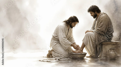 Jesus washing the feet of his disciple. Biblical scene concept. Artistic minimalist art with copy space.