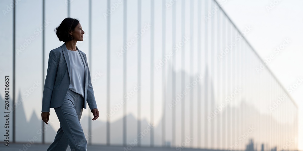 Fototapeta premium A confident businesswoman walks outside a modern glass building, showcasing professionalism and ambition in an urban setting, embodying success and leadership in her stride.
