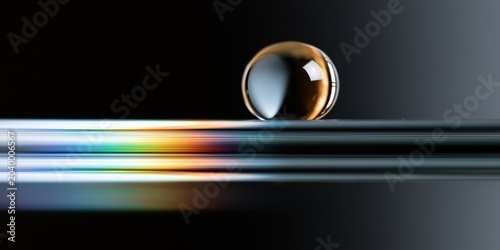 A mesmerizing water droplet rests on a metallic surface, creating beautiful reflections and colors, highlighting the artistic interplay between nature and man-made materials.