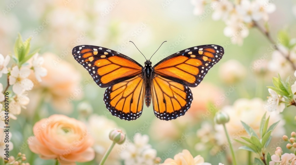 Obraz premium Vibrant Monarch Butterfly with Spread Wings in a Dreamy Pastel Garden, showcasing the beauty of nature and the arrival of spring with soft light and delicate blossoms