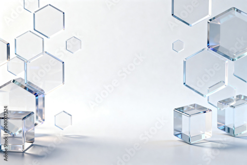 Transparent Glass Hexagons and Cubes Abstract Background with Soft Lighting