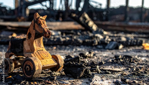 A child's charred wooden toy horse, a poignant relic of fire damage, stands amidst the ruins.