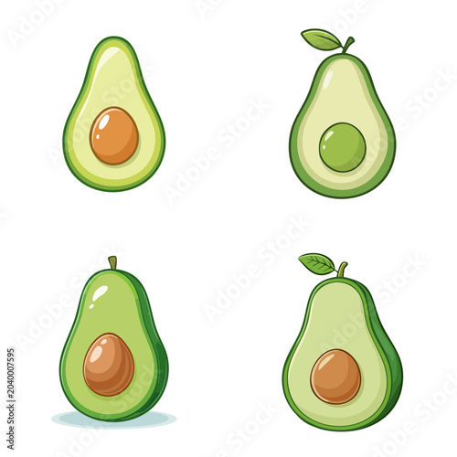 Set of cartoon avocados with stylized leaves and seeds in different variations