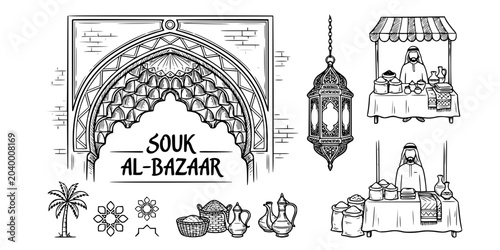 Fotografía Middle Eastern Bazaar Arch Sketch Black White-Muqarnas Lantern Stall Merchant-So