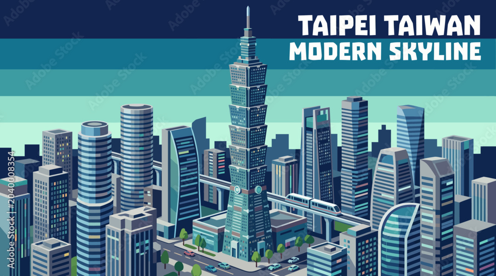 Naklejka premium taipei modern skyline with landmark towers vector cartoon downtown taiwan travel destination