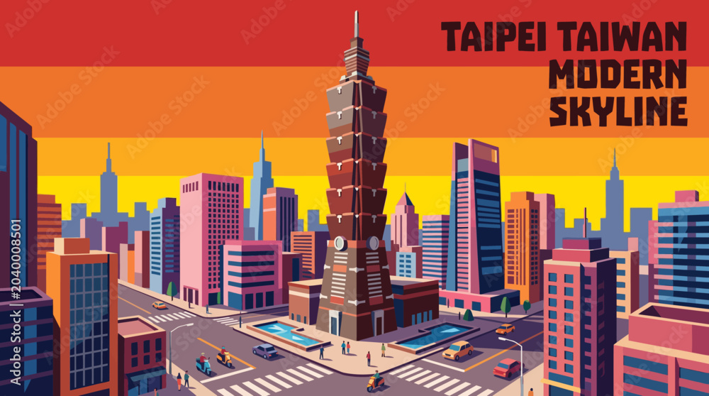 Naklejka premium taipei modern skyline with landmark towers vector cartoon downtown taiwan travel destination