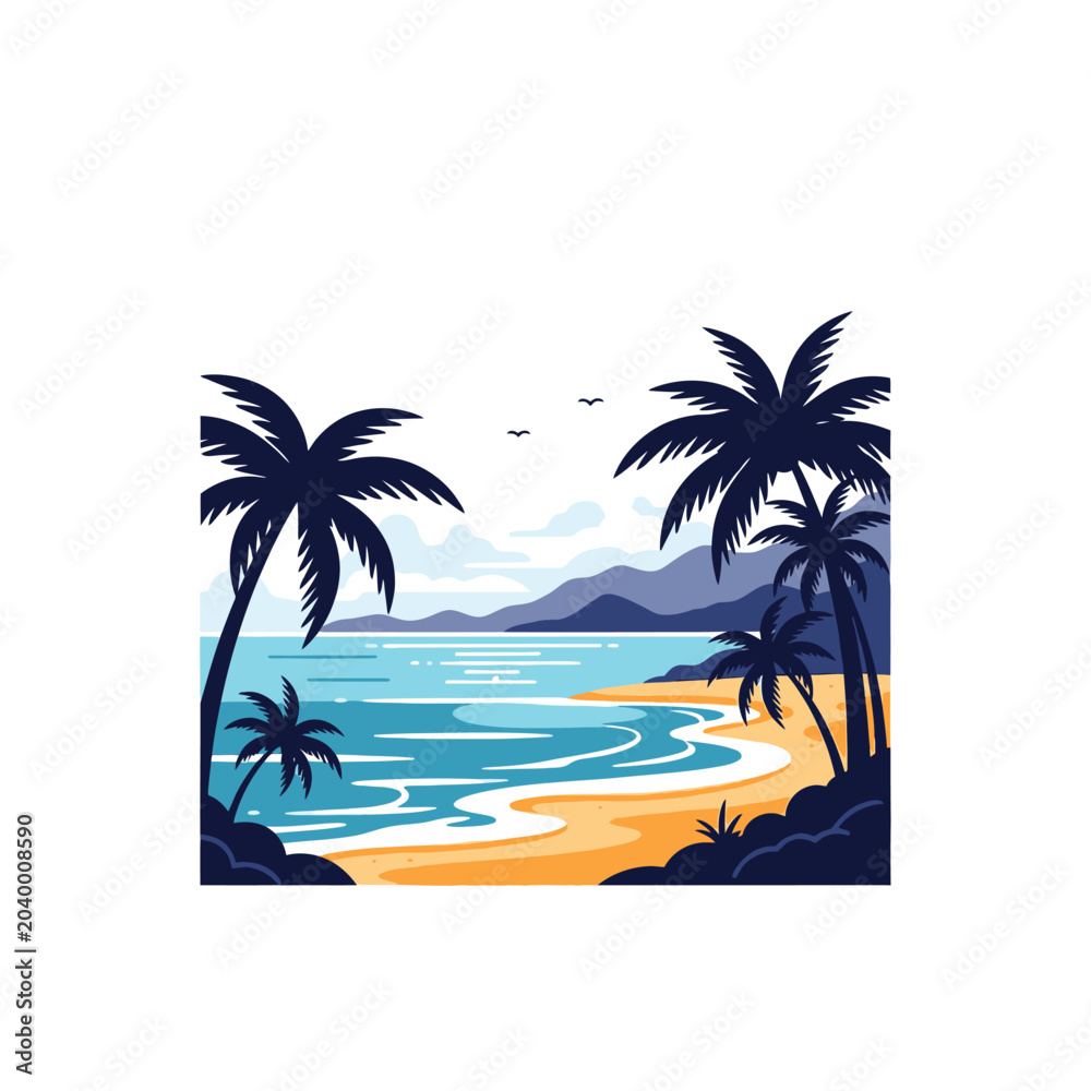 Obraz premium Coastal Paradise: Palm Trees and Serene Beach View Illustration