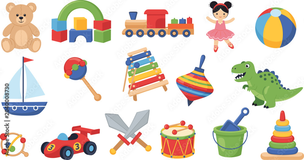 Fototapeta premium Cute Kids Toy Collection Vector Illustration Set Featuring Teddy Bear Train Doll Dinosaur Blocks and Musical Instruments for Nursery Playroom Design