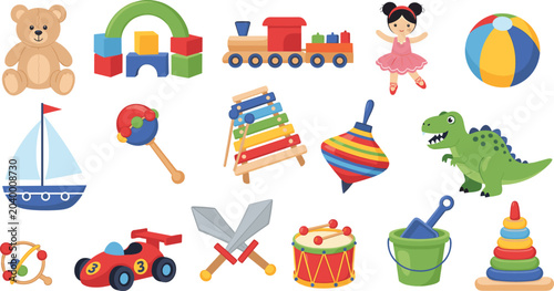 Foto Cute Kids Toy Collection Vector Illustration Set Featuring Teddy Bear Train Doll
