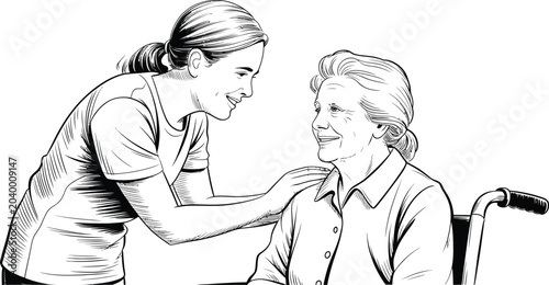 Caregiver assisting senior, home healthcare, medical vector illustration, black and white