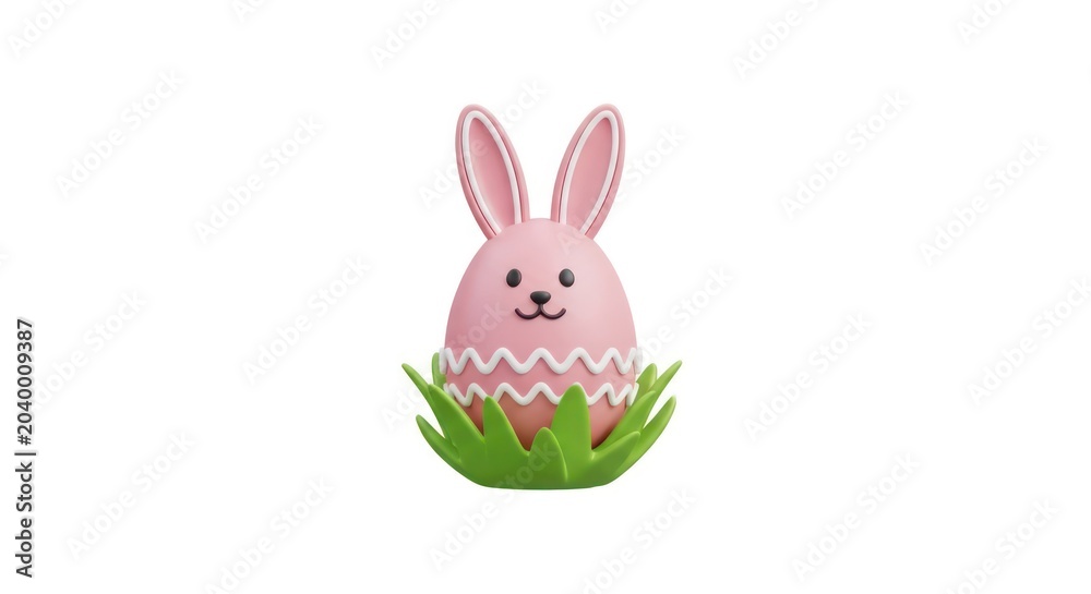 Obraz premium Pink easter egg with bunny face and ears in green grass
