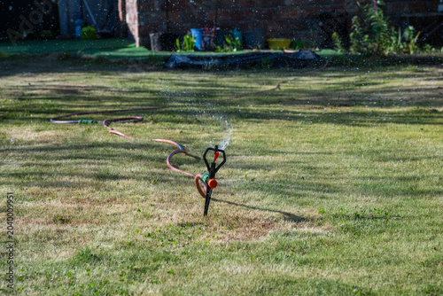 Foto A pulsating lawn sprinkler attached to a garden hose waters dry, patchy grass in a sunny residential backyard